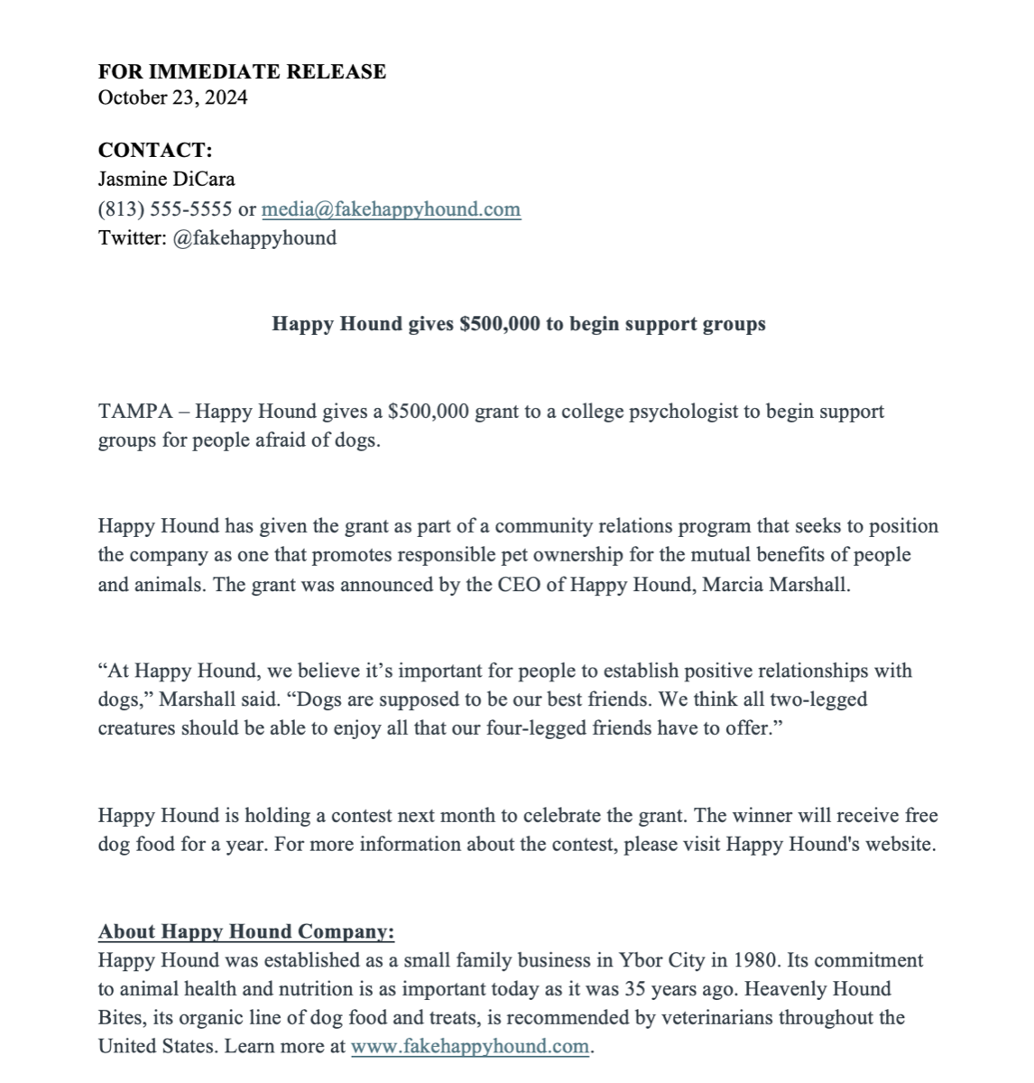 Press release sample by Jasmine DiCara