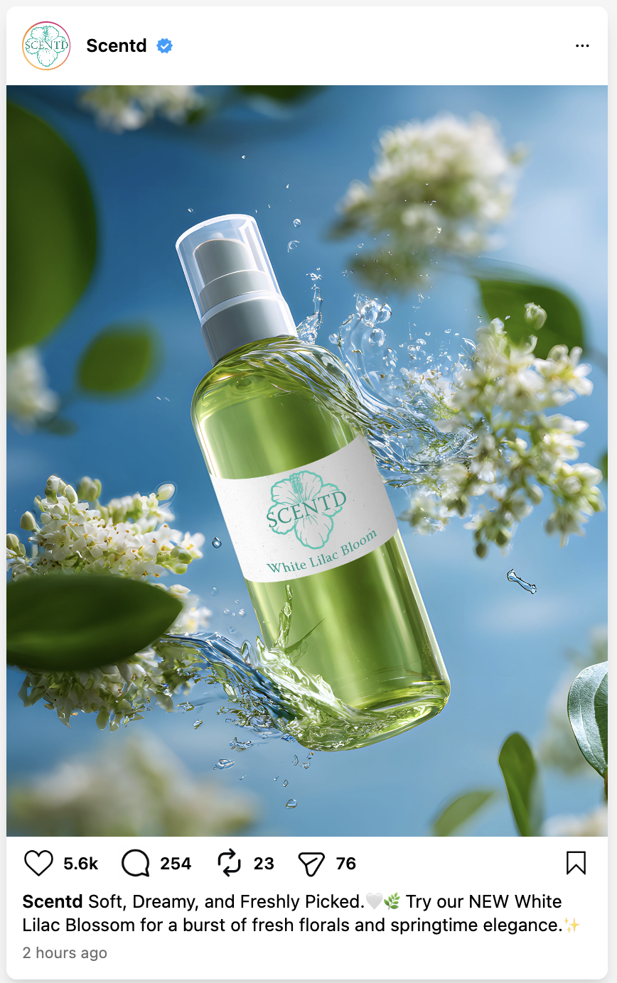 Scentd social media advertisement mockup for White Lilac Blossom by Jasmine DiCara
